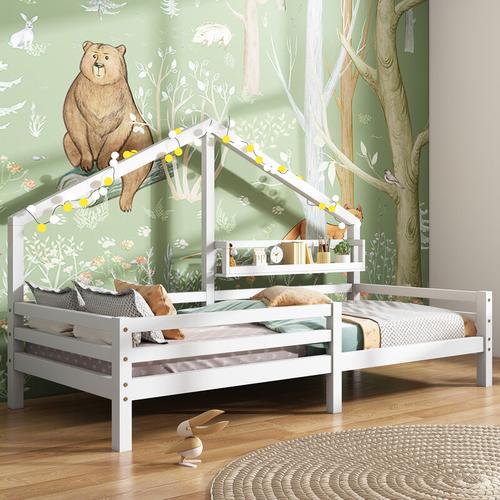 Kinderbett 90x200cm Spielbett Hausbett mit Ablageregal, Zäune und Schornstein, Jugendbett