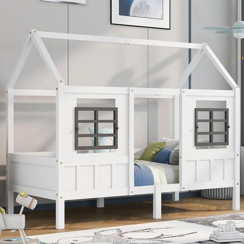 Kinderbett 90×200 cm Hausbett Tagesbett Einzelbett mit 2 Fenstern, Rahmen aus Kiefer, Weiß – Merax