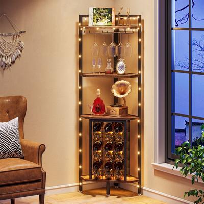 Tribesigns Industrial Corner Wine Rack with Glass Holder and Storage shelf