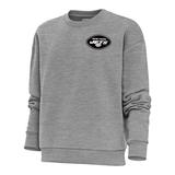 Women's Antigua Heather Gray New York Jets Metallic Logo Victory Crewneck Pullover Sweatshirt
