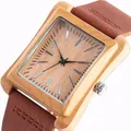 Montre à Quartz rectangulaire en bois et bambou pour homme et femme bracelet en cuir véritable