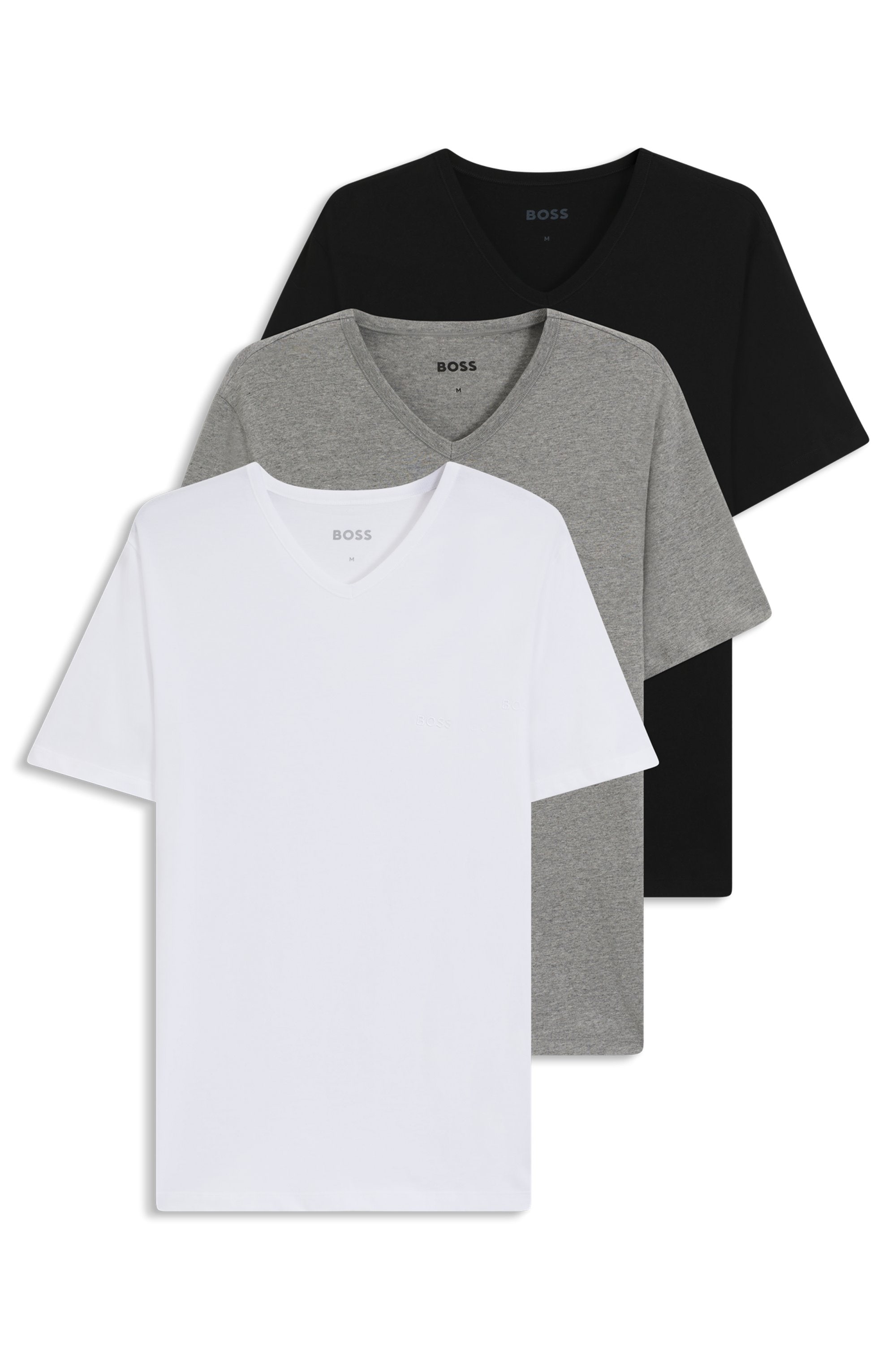 V-Shirt BOSS "T-Shirt VN 3P CO", Herren, Gr. XXL, grau (assorted pre, pack, grau, meliert, schwarz), Jersey, Obermaterial: 100% Baumwolle, unifarben, Shirts