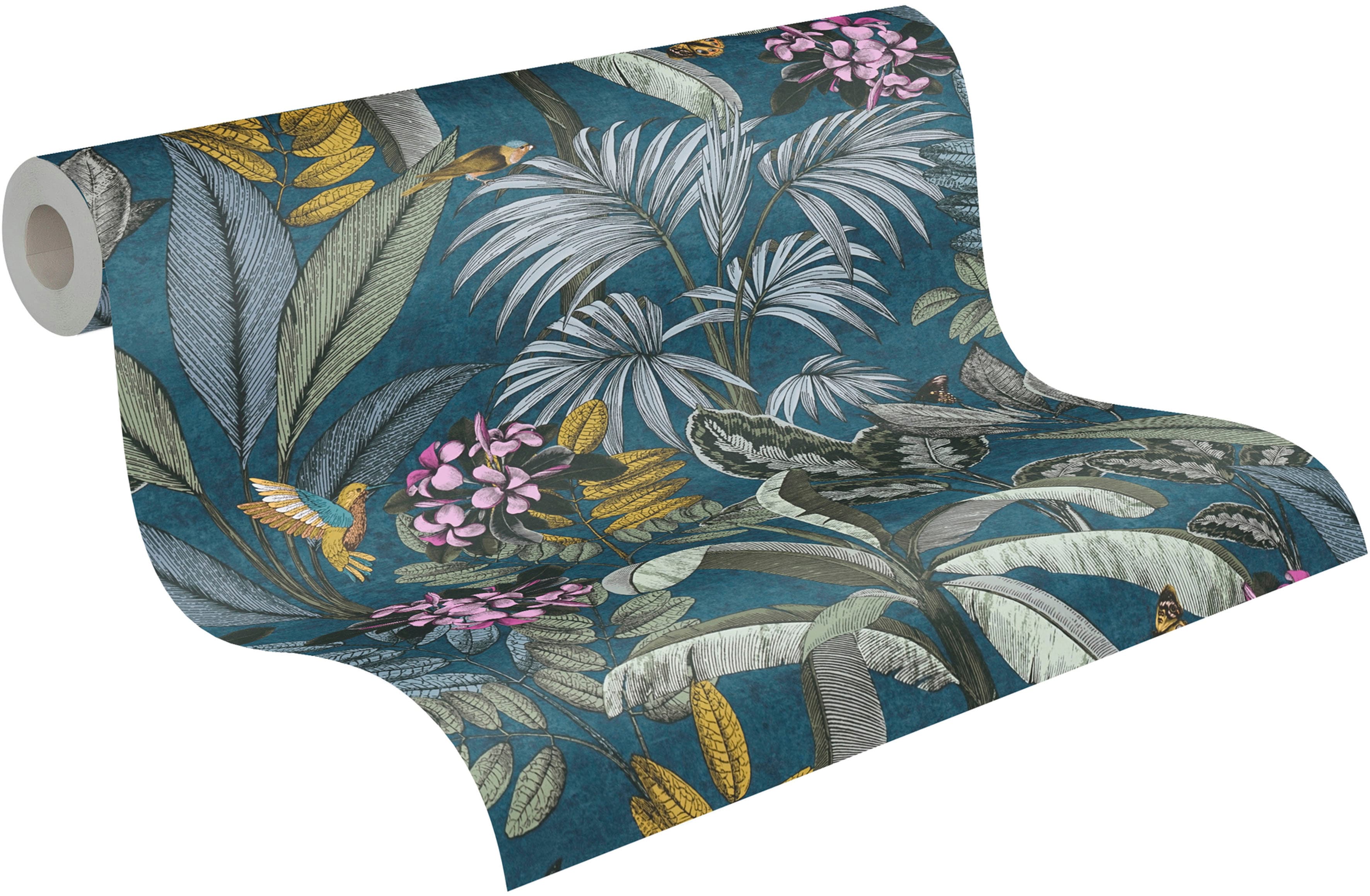 Vliestapete A.S. CRÉATION "PintWalls Dschungeltapete Floral", blau (blau grün gelb), B:0,53m H:0,01m L:10,05m, Vlies, Tapeten, Blätter Tapeten Wohnzimmer Schlafzimmer Küche modern Design Wandtapete