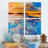 Rosecliff Heights Orange Sunset Over Whirly Blue Waves - Nautical & Coastal Canvas Wall Art Print 4 Piece Set in Blue/Orange | Wayfair