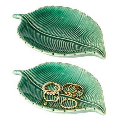 2 Pack Leaf Shaped Trinket Tray, Small Ceramic Jewelry Dish (5.3 x 3.6 x 0.8 In, Green)