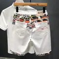 Short en jean déchiré au genou pour homme broderie de couture blanc noir bleu mode rétro haute