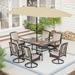 7/8-Piece Patio Dining Set of 6 Swivel Steel Rattan Chairs with Deep-seating and Back Cushions 1 Wood-like Table Top