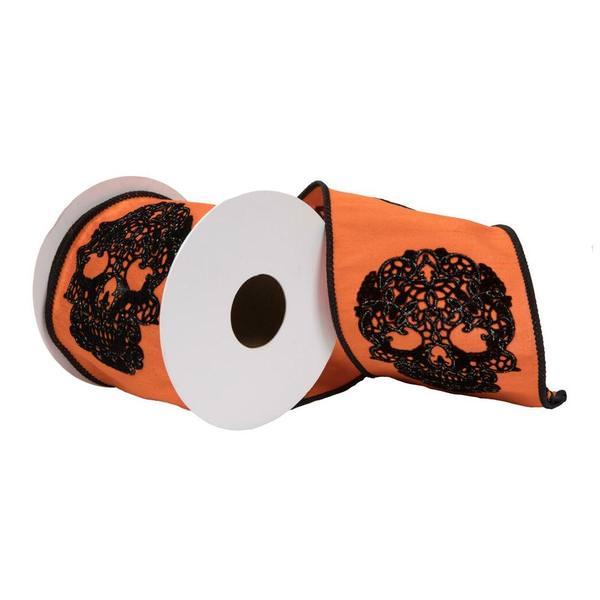 vickerman-695111---4"x15-orange-lace-skull-glitter-decorative-ribbon-for-halloween/
