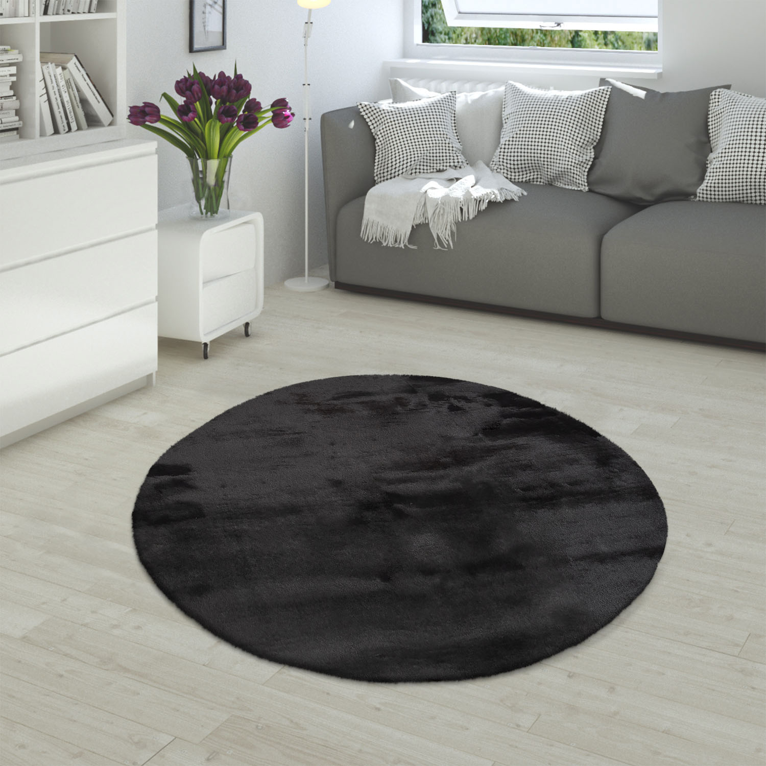 Fellteppich PACO HOME "Rabbit 780", schwarz, H:26mm Ø:160cm, Polyester, Teppiche, Fellteppich, Kunstfell, Kaninchenfell-Haptik, echter Kuschelteppich, Uni-Farben Image