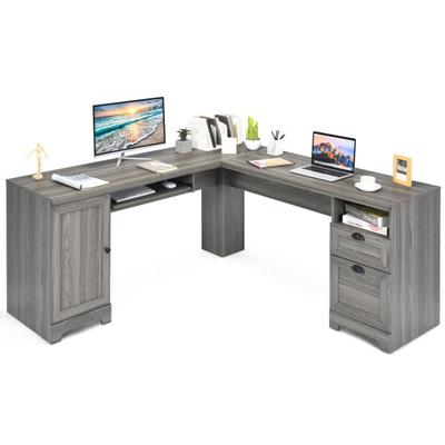 Costway 66 Inch L-Shaped Writing Study Workstation Computer Desk with Drawers-Gray