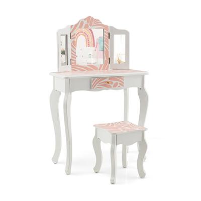 Costway 2-in-1 Kids Vanity Table Set with Tri-folding Mirror-Pink