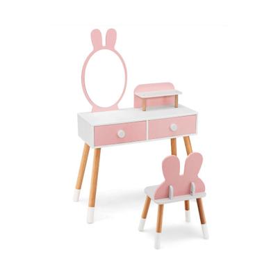 Costway Kids Vanity Table and Chair Set with Drawer Shelf and Rabbit Mirror-Pink