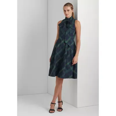 Lauren Ralph Lauren Women's Plaid Tie-Neck Taffeta Cocktail Dress, Navy, 14  | SheFinds