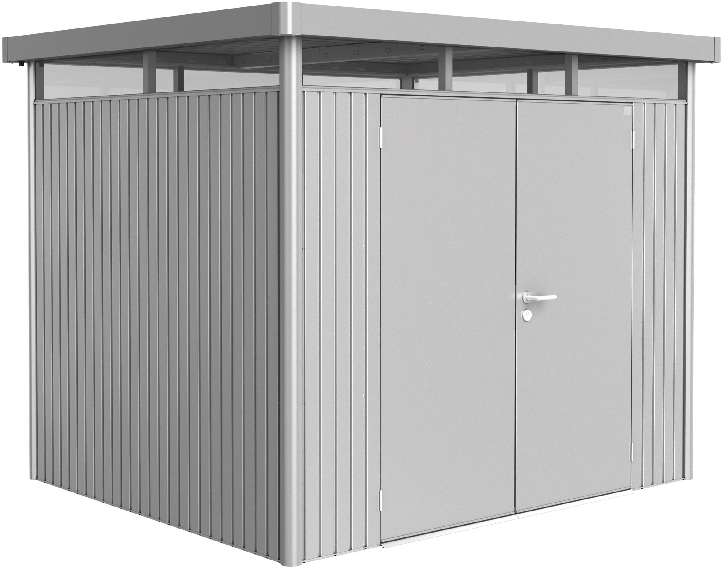 Gerätehaus BIOHORT "HIGHLINE Gr. H3, verschiedene Farben", silber (silber, metallic), Stahl, Gerätehäuser, stylisches Metall-Gartenhaus mit Flachdach