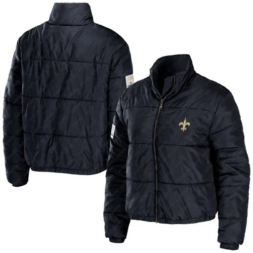 Damenbekleidung von Erin Andrews Schwarze New Orleans Saints Puffer-Kurzjacke mit durchgehendem Reißverschluss