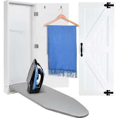 Ivation Wall-Mounted Ironing Board Cabinet w/ Farmhouse Door, Foldable Ironing Storage Station w/ Mirror Door, White
