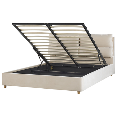 Polsterbett aus Samtstoff Beige 160 x 200 cm mit Bettkasten hochklappbar Doppelbett Elegantes Modernes Design