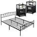 Industrial 3-piece Bedroom Set Black Platform Bed Frame and Modern Nightstands Set of 2