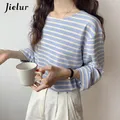 Jielur Coréen Mode Rayé T-shirt Automne Manches sulfFemmes Top adt Casual Coton T-shirt Femme Bleu