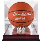 Oscar Robertson Milwaukee Bucks Autographed Spalding Indoor/Outdoor Basketball with "HOF 79" Inscription and Mahogany NBA 75th Anniversary Logo Display Case