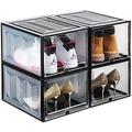 SGerste Shoe Boxes Organizers Set of 4 Stackable Shoe Storage Containers w Clear Magnetic Door Assemble Up to Size 12.5 Large Shoe Rack Bins Display Sneakers High Heels Black & Clear