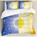 East Urban Home Fuze Split Design w/ Stars in the Sky & Sun Beams Light Solar Balance Image Duvet Cover Set Microfiber in Blue/Yellow | King | Wayfair