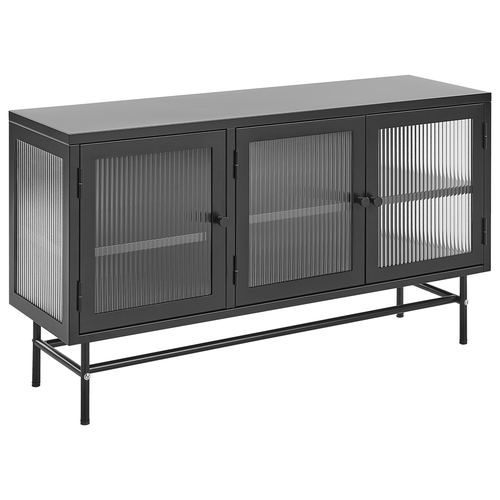 Sideboard Schwarz Stahl 35 x 115 x 64 cm mit 3 Durchsichtigen Glastüren 4 Regalböden 3 Griffen Industriell Flur Schlafzimmer Küche Wohnzimmer