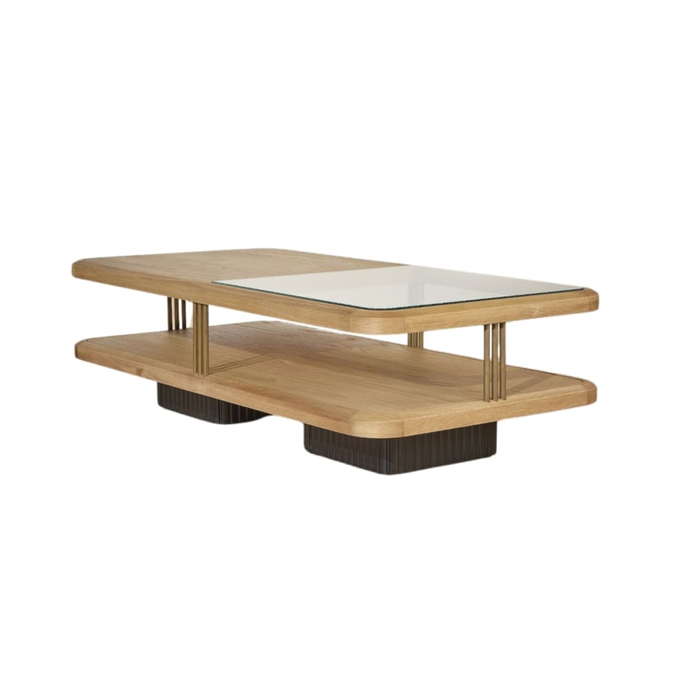 Table basse rectangulaire style contemporain en chêne et verre