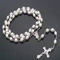 Long chapelet catholique JOWhite pour femme perle blanche en cristal catholique collier pour