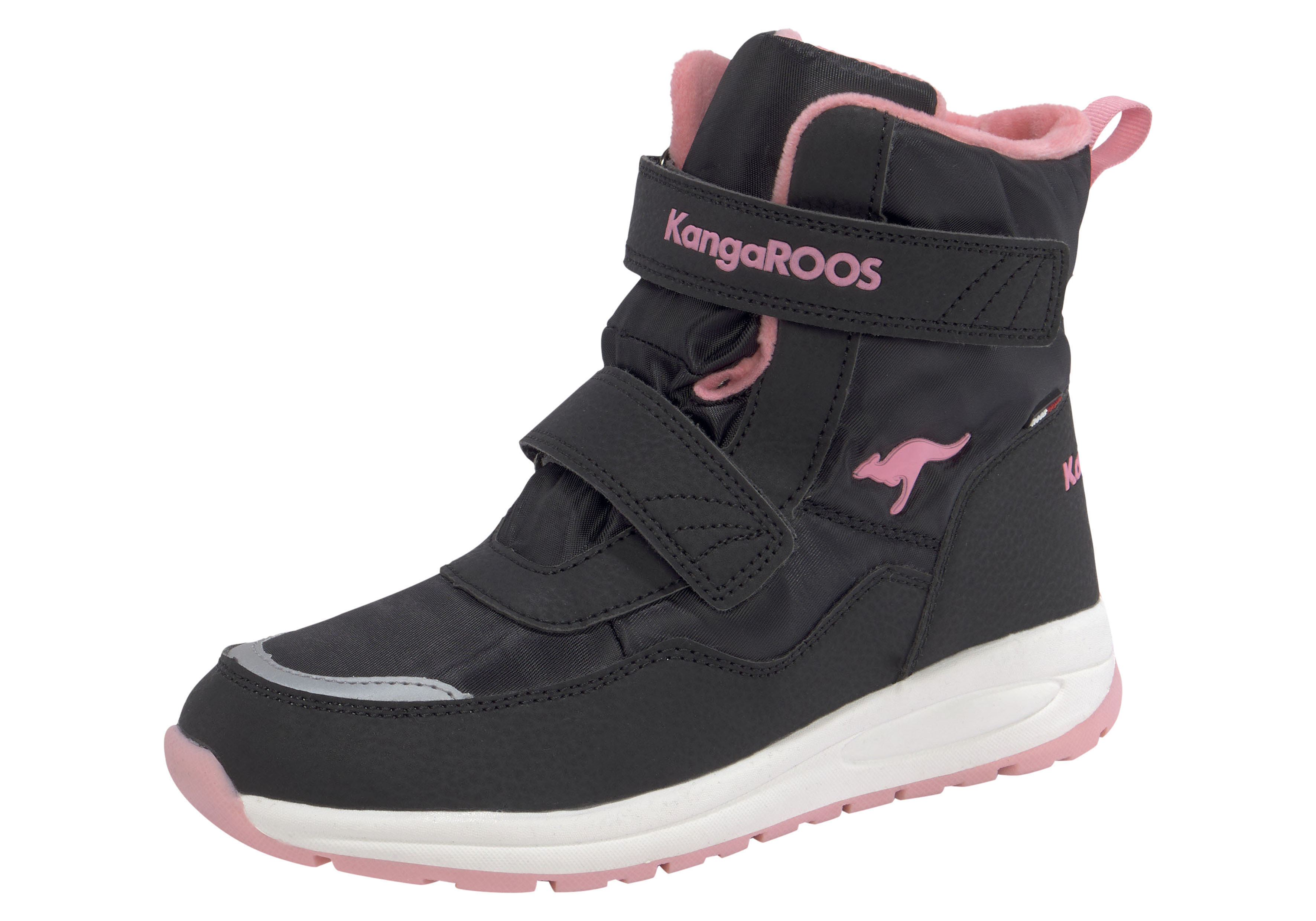 Winterstiefel KANGAROOS "KP-Nala V Roostex", Damen, Gr. 28, schwarz (schwarz, rosa), Synthetik, Textil, Schuhe, Snowboots, Winterboots, Winterschuhe, wasserdicht mit Klettverschluss Image