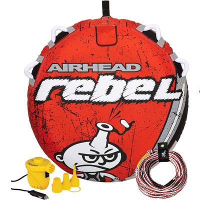 Airhead Rebel 54" 1 Person Durable Red Towable Tube Kit with Rope and 12V Pump - 11.2