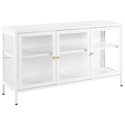 Metallschrank Weiß Stahl mit Glasfront 35 x 115 x 65 cm Sideboard mit Griffen 3 Türen 2 Regalböden Wohnzimmer Büro Arbei