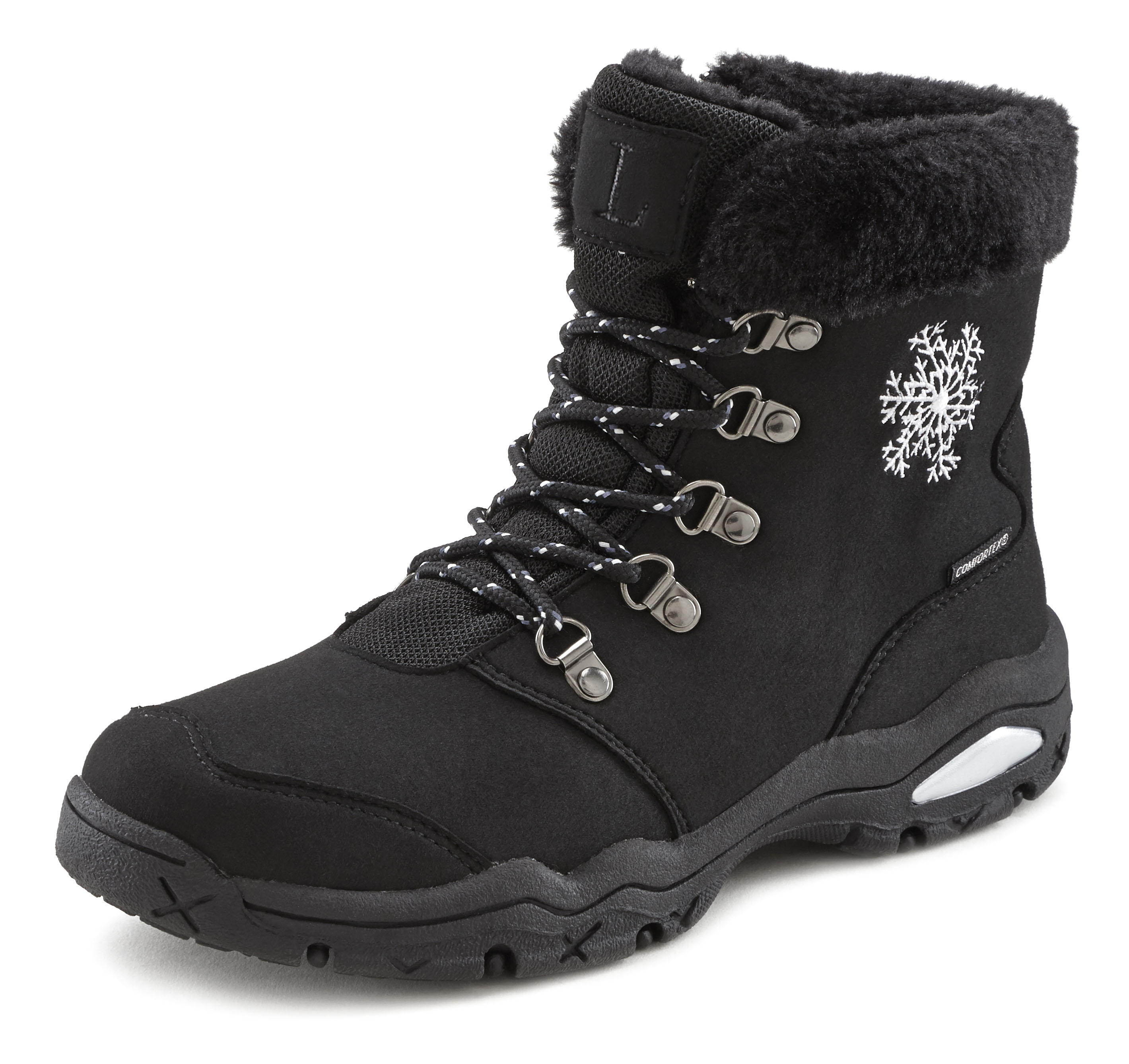 Winterstiefelette LASCANA, Damen, Gr. 41, schwarz, Obermaterial: 100% Synthetik. Futter: 100% Polyester. Decksohle: 100% Polyester. Laufsohle: 100% Synthetik, gemustert, Casual, Schuhe, Stiefelette,Stiefel,Winterstiefel wind-& wasserabweisender...