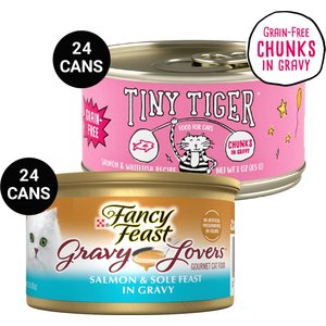 Tiny Tiger Chunks in Gravy Salmon & Whitefish Recipe Grain-Free Canned Cat Food, 3-oz, case of 24 + Fancy Feast Gravy Lovers Salmon & Sole Feast in Seared Salmon Flavor Gravy Canned Cat Food, 3-oz, case of 24