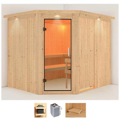 Sauna KARIBU "Marit", beige (naturbelassen), Saunaofen, integrierte Steuerung, 9 kW, Saunen, 9-kW-Ofen mit integrierter Steuerung