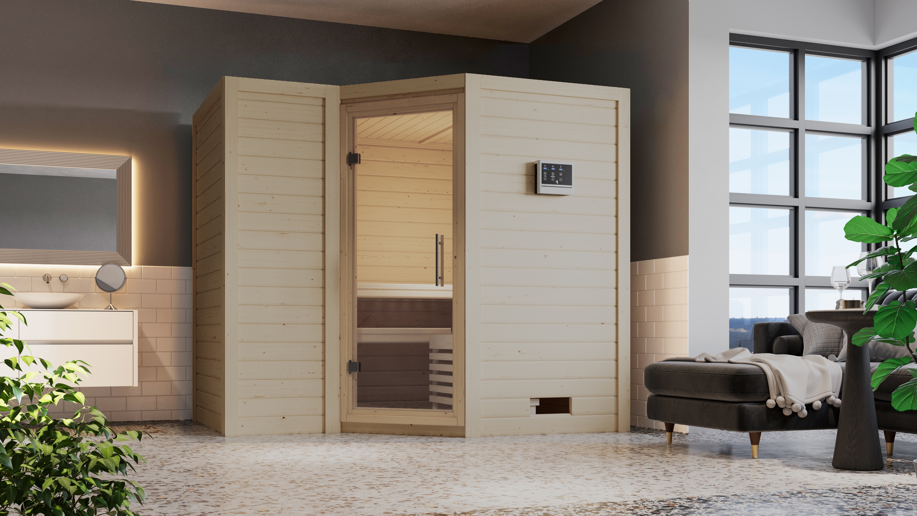 Sauna KARIBU "Sanna 2", beige (naturbelassen), ohne Ofen, (ohne Ofen), Saunen, ohne Ofen Image