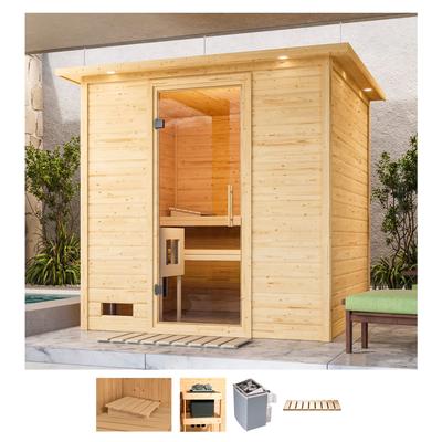 Sauna KARIBU "Menja", beige (naturbelassen), Saunaofen, integrierte Steuerung, 9 kW, Saunen, 9-kW-Ofen mit integrierter Steuerung