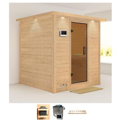 Sauna KARIBU "Menja", beige (naturbelassen), Saunaofen, externe Steuerung, 9 kW, Saunen, 9-kW-Ofen mit externer Steuerung