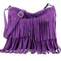 Womens Italian Real Suede Leather Fringe Tassel Shoulder Handbag Cross Body Messenger Side Bag For Ladies (Purple)
