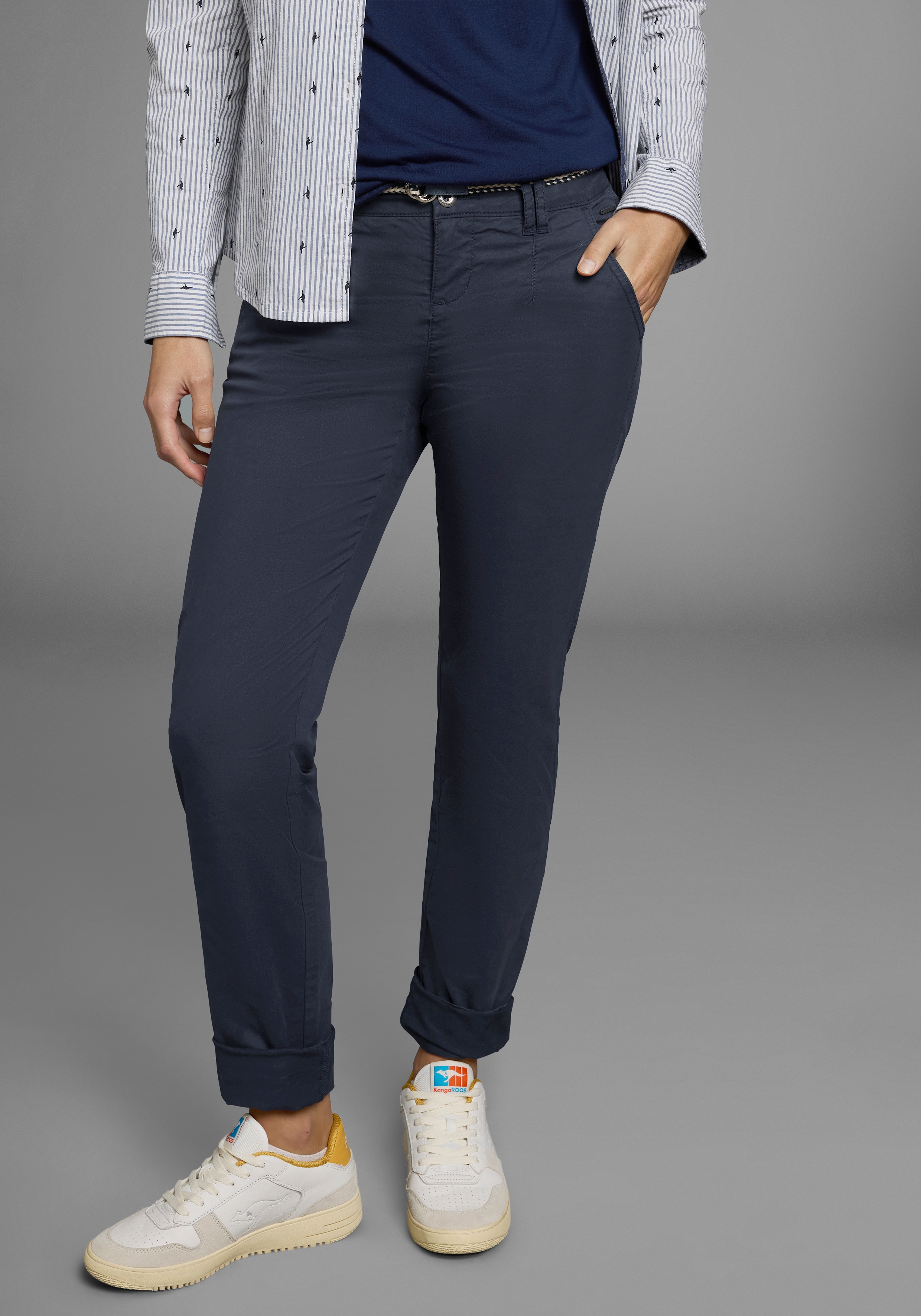 Chinohose KANGAROOS, Damen, Gr. 42, N-Gr, blau (marine), Web, Obermaterial: 98% Baumwolle, 2% Elasthan, unifarben, gerade, unten schmal lang, Hosen Hose Chinohose, in schmaler Form, mit Kordel zu binden