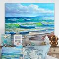 Highland Dunes Blue Ocean Waves Scenery V - Nautical & Coastal Canvas Wall Decor Metal in Blue/Brown/Green | 16 H x 32 W x 1 D in | Wayfair