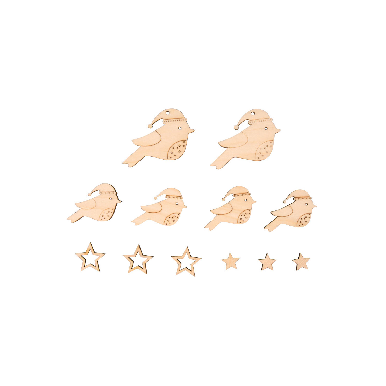 Formes en bois «oiseaux et étoiles», 2,5–4,3 cm, 12 pièces