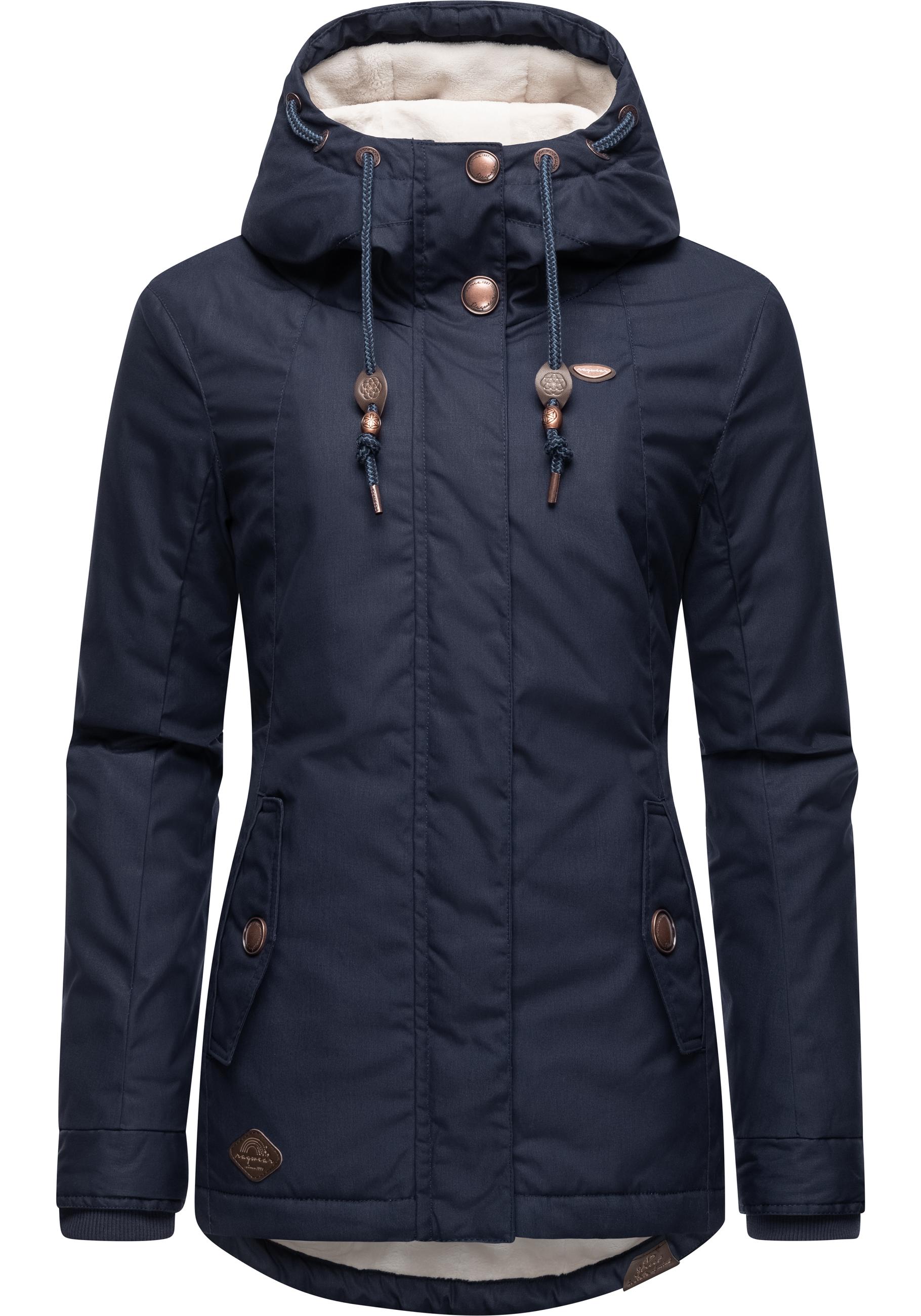 Winterjacke RAGWEAR "Monade", Damen, Gr. XL (42), blau (marine), Obermaterial: 65% Polyester, 35% Baumwolle, Futter 100% Polyester, Wattierung 100% Polyester, figurbetont Po-bedeckend, verstellbar Rippstrickbündchen mit Druckknopf, Jacken...