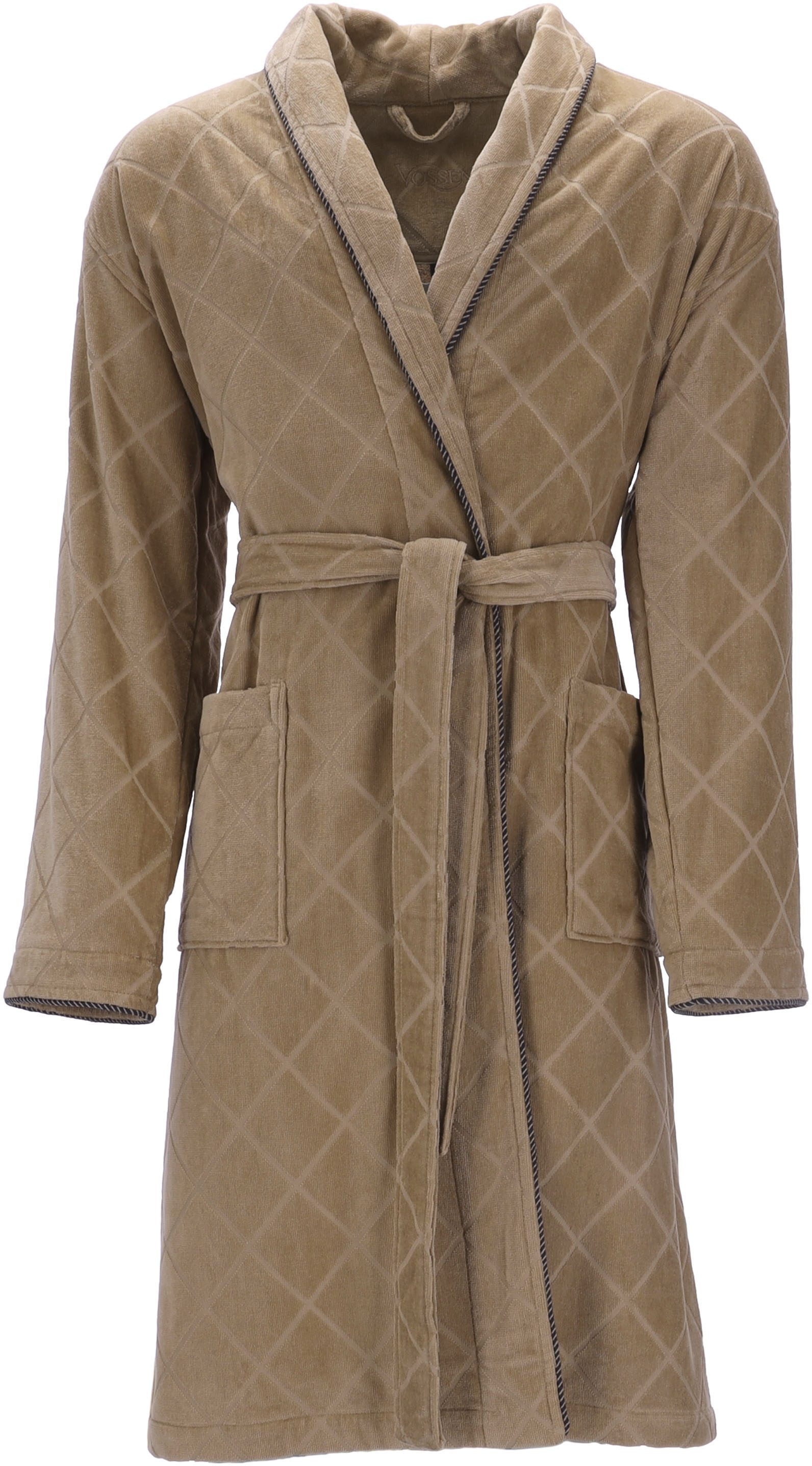 Herrenbademantel VOSSEN "Barron, ideal für Sauna & Spa, Hotelbademantel, Morgenmantel" Gr. XL, braun (camel), L:120cm, Webvelours, Hausmäntel, mit Schalkragen, Rautendesign Image
