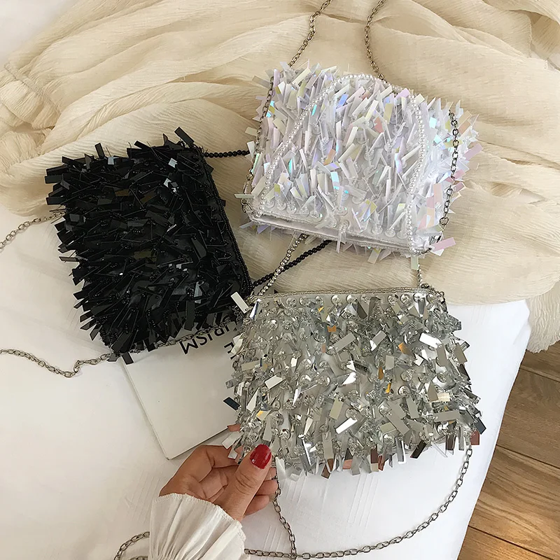 Design de mode luxe argent paillettes strass gland femmes petits sacs à bandoulière chaîne élégante dames fête soirée pochette sac à main