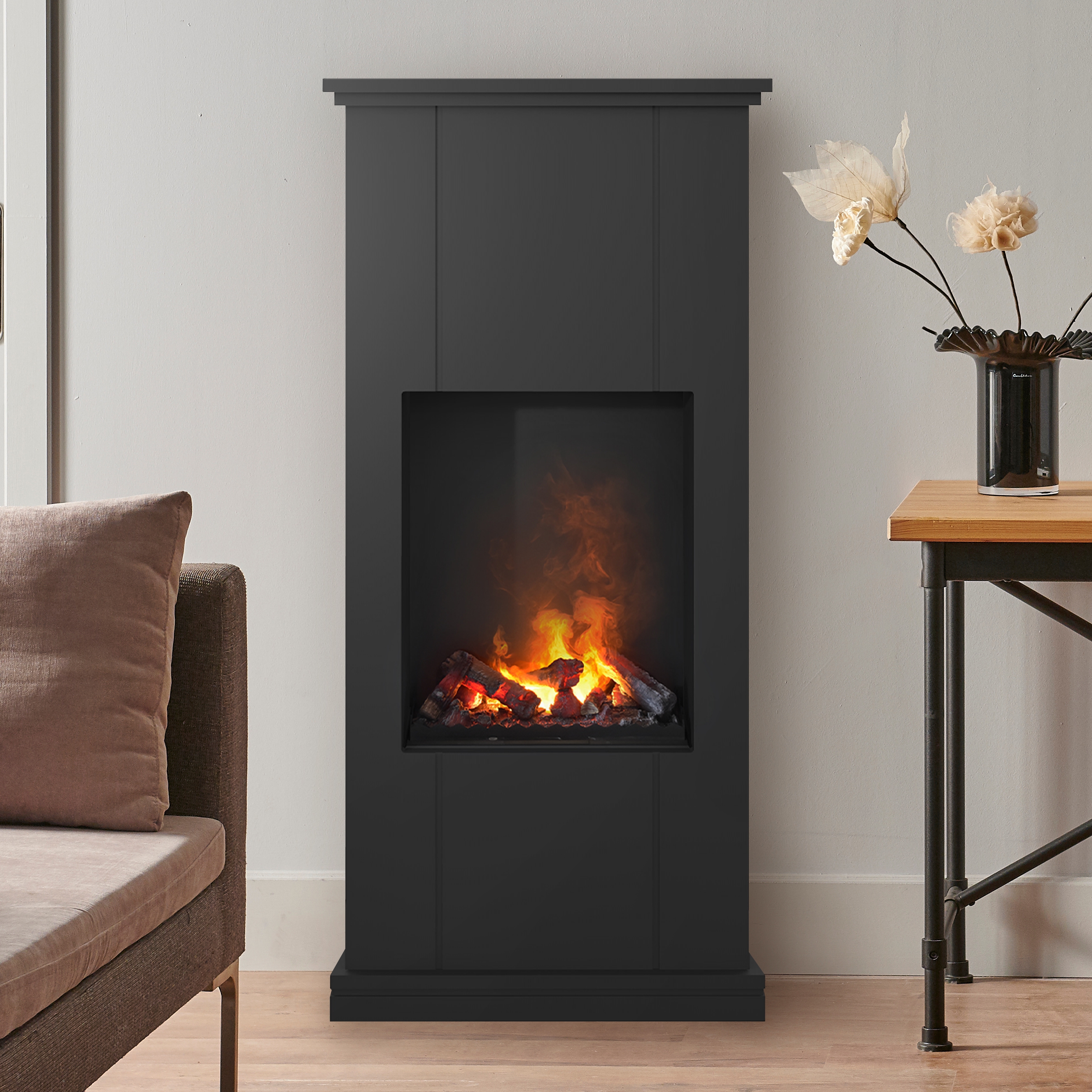 Noble Flame NEW ORLEANS [Stand-Elektrokamin Opti-myst]: Schwarz-grau - Kieswanne mit schwarzen Steinen - Brennraum: Schwarz, pulverbeschichtet