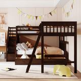 Twin over Full L-shaped Bunk Bed & Upper Bunk Features Guardrail Solid Wood Loft Bed with 3 Drawers, Ladder and Staircase