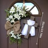 [Big Save!]Easter Wreaths for Front Door Easter Wreath with Cross Burlap Bow Spring Wreath Artificial Flower Wreath Easter Wreath Easter Cross Garland DIY Rustic Style Wreath