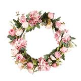 Artificial Roses and Camellia Flowers Wreath - 15.75 Pink Flower Door Wreath with Green Leaves Spring Wreath for Front Door Wedding Wall Home Decor