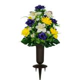 Sympathy Silks Artificial Cemetery Flowers 24 Purple Yellow White Orchid Mix Bouquet with Vase